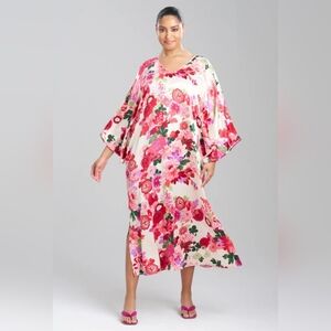 Natori SOFIA Champagne SILKY 54" Long Caftan POCKETS Dress Housedress M K32